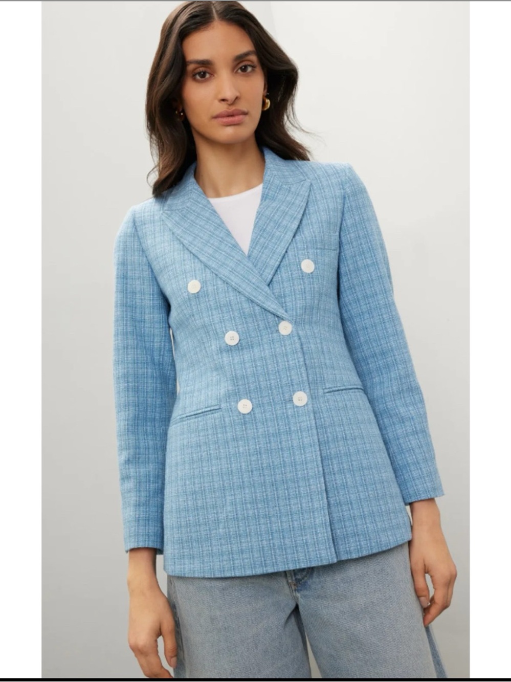 Sandro Nars sky Blue textured Double-Breasted Tweed Blazer Size 34